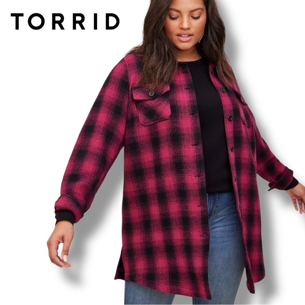 Torrid SHACKET Plaid Cotton Longline Purple Magenta Cabin | Sz 3 (22-24) NWT - Picture 3 of 6